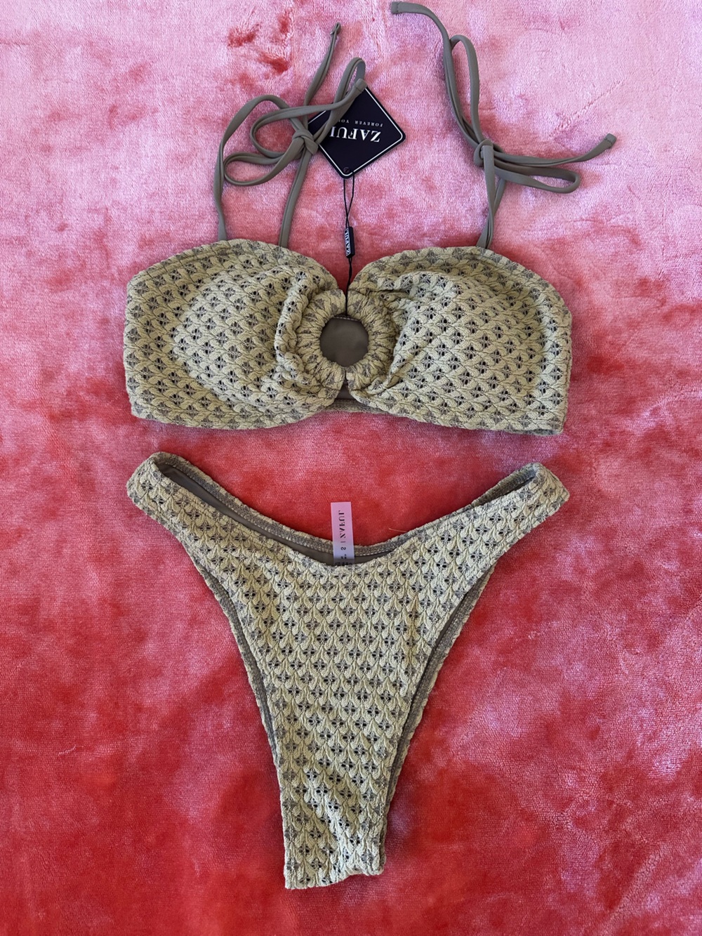 Zaful Olive Green Textured Bandeau Bikini Set